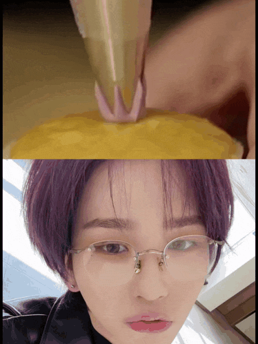 a close up of a person 's face and a close up of a yellow object