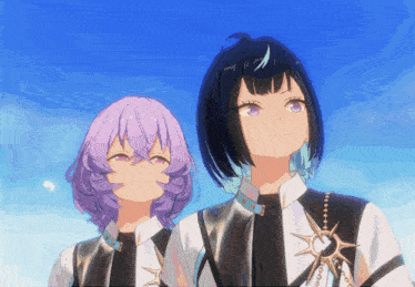 two anime girls are standing next to each other and looking up at the sky