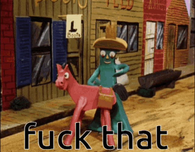 a cartoon of a man riding a pink horse with the words " fuck that " below it
