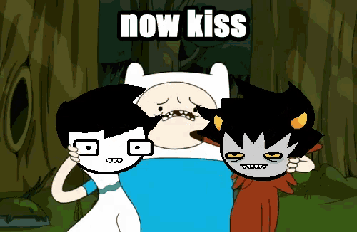 a cartoon character says " now kiss " while holding two other characters