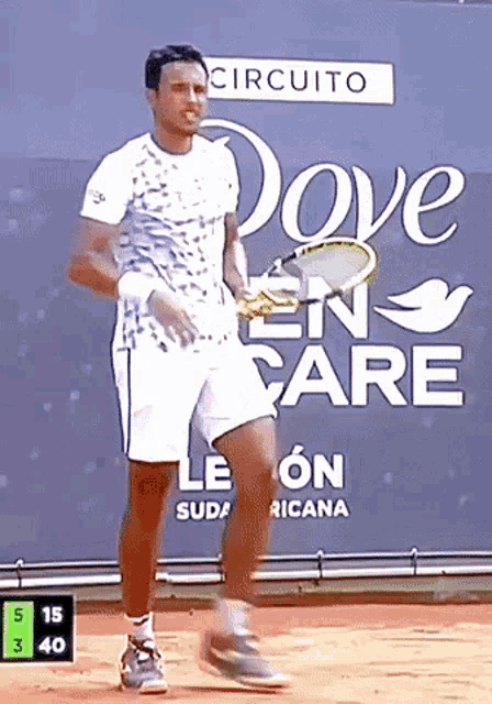 a man holding a tennis racquet in front of a dove en care sign