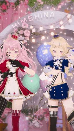 two anime characters are standing in front of a sign that says himehina on it