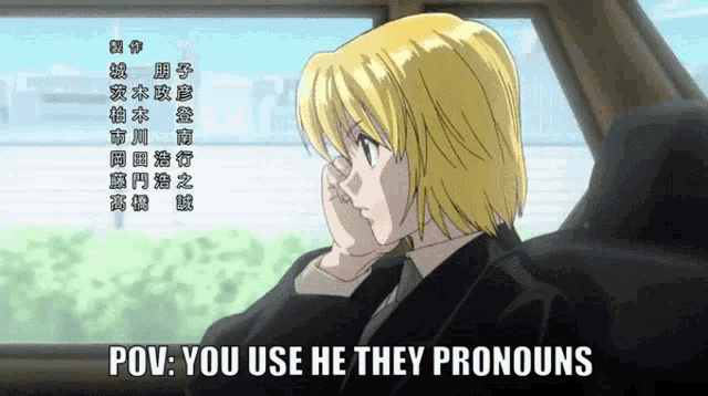 a man in a car with the words pov you use he they pronouns on the bottom