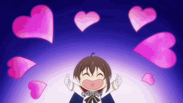 a girl is surrounded by pink hearts and the word cycochy is visible