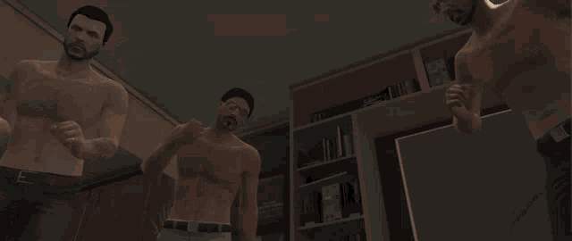three shirtless men are standing in a room