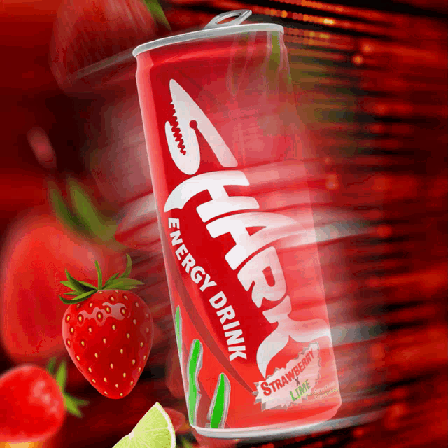 a red can of shark energy drink with a strawberry and lime flavor