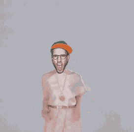 a man wearing glasses a hat and a necklace is dancing
