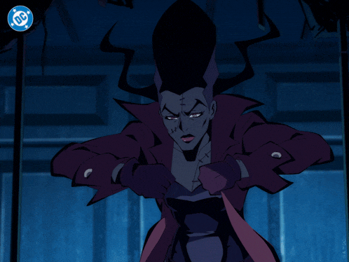 a cartoon of a woman with stitches on her arms and a dc logo in the background