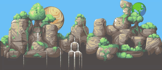 a pixel art of a waterfall with a planet and a globe in the background