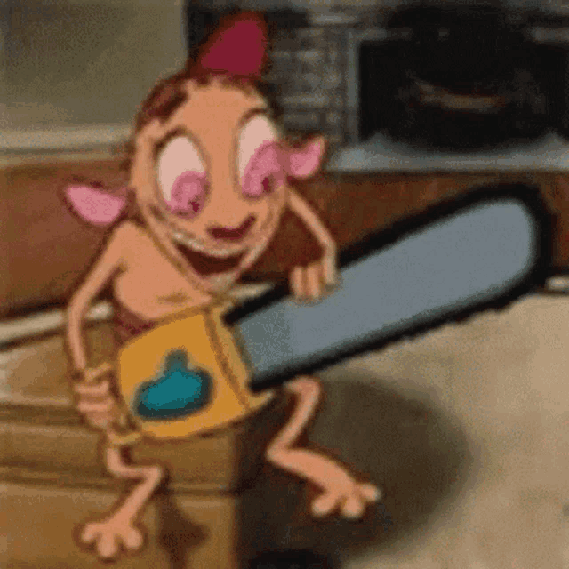 a cartoon character is holding a chainsaw while sitting on a box .