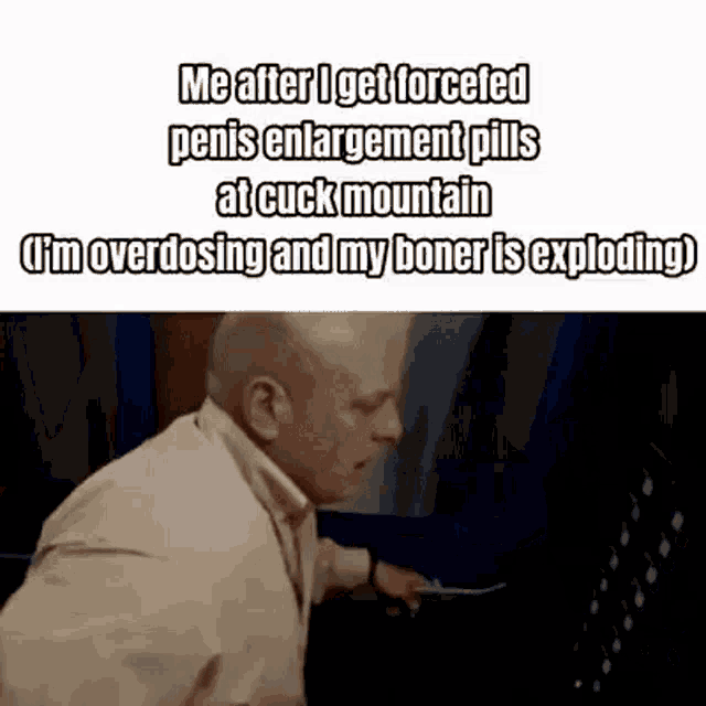 a bald man is holding a knife in his hand while standing next to a door .