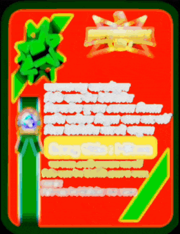 a red square with a green ribbon and a green bow on it