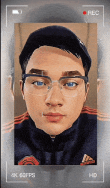 a man wearing glasses and an adidas jacket is being recorded in 4k 60fps