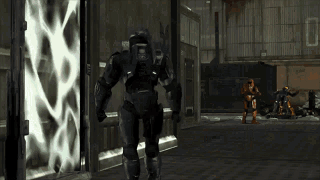 a video game scene with a man in a black suit standing in front of a door that says n on it