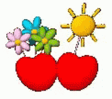 a couple of red hearts with flowers and a sun behind them .
