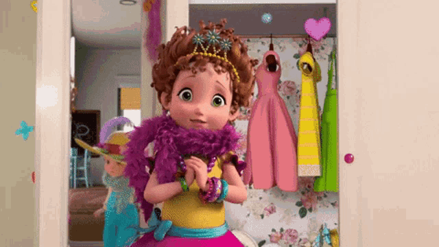 a cartoon girl wearing a purple scarf and a tiara