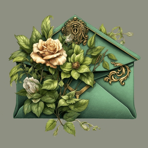 a green envelope is decorated with flowers and leaves and has a lock on it