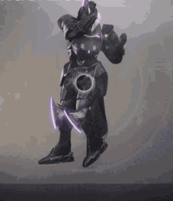 a black robot with purple lights on its arms and legs is standing on a table in a video game .