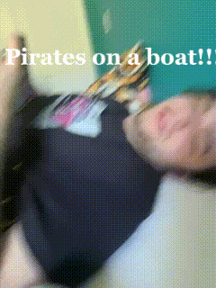 a person laying on a bed with the words pirates on a boat