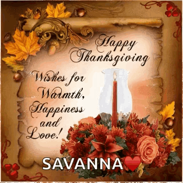 a happy thanksgiving card with a candle and flowers