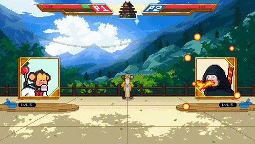 a video game with a monkey holding a balloon and a ninja holding a flame