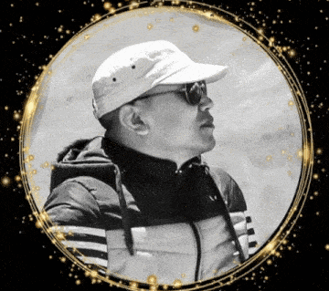 a man wearing a white hat and sunglasses is surrounded by gold circles