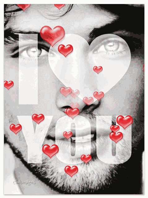 a man 's face is surrounded by red hearts and the word i love you