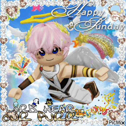 a happy sunday greeting card with a cartoon angel
