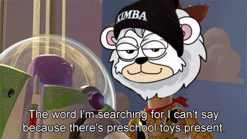 a cartoon bear wearing a kimba hat says the word i 'm searching for