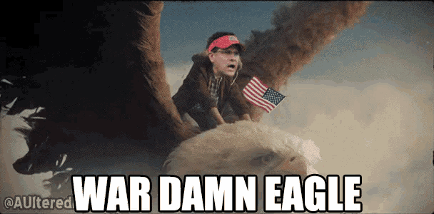 a man sitting on top of a bald eagle with the words war damn eagle written below him