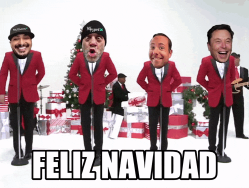 a group of men singing feliz navidad in front of christmas presents