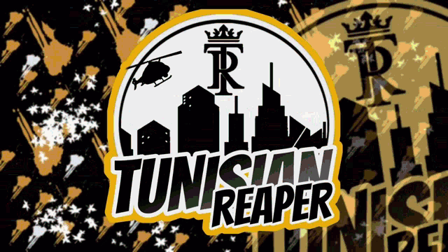a logo for tunisian reaper with a helicopter flying over the city