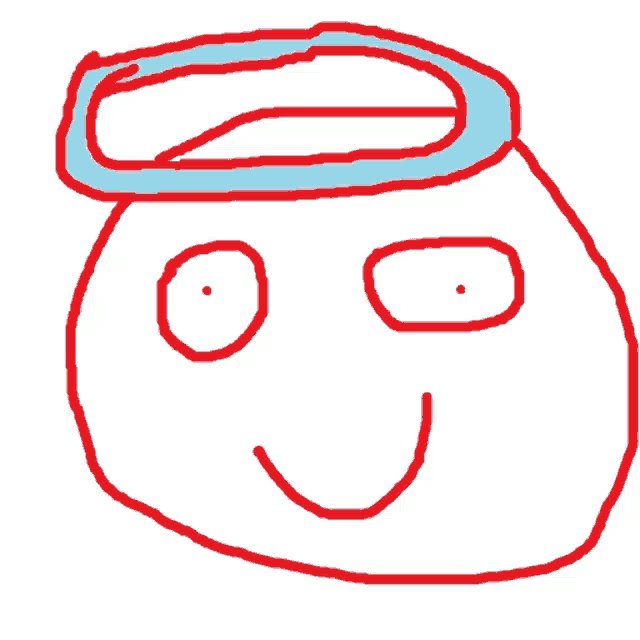 a drawing of a smiling face with a blue halo on its head
