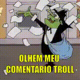 a cartoon of a cat throwing papers in the air with the words olhem meu commentario troll .