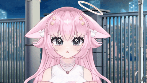 a girl with pink hair and a white halo on her head