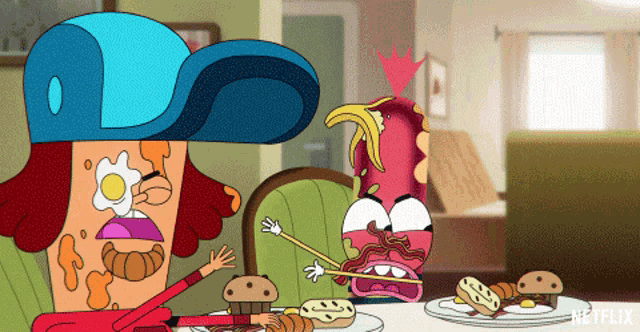 a cartoon character with a crown on his head is eating cupcakes