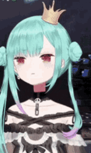 a girl with green hair and a crown on her head