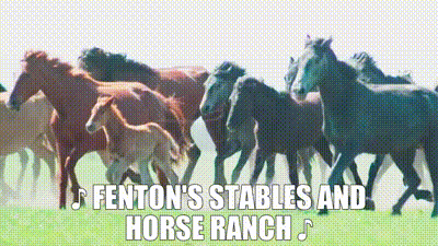 a herd of horses running in a field with the words fenton 's stables and horse ranch written above them