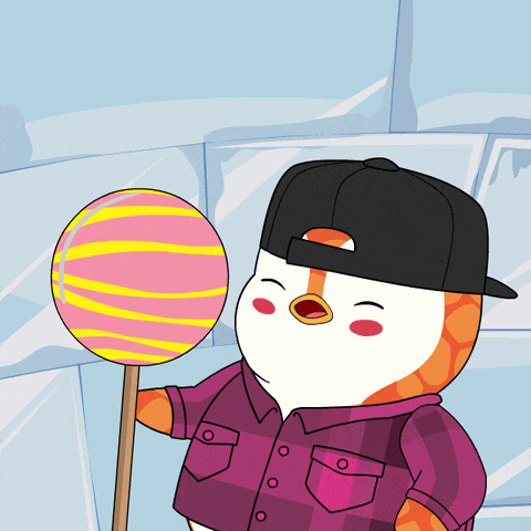 a cartoon character wearing a plaid shirt and a black hat is holding a pink lollipop