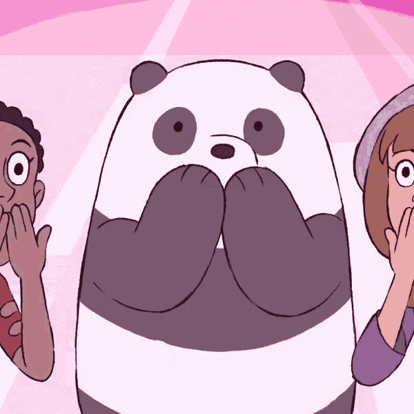 a cartoon of a panda bear covering his face with his hands while two girls look on