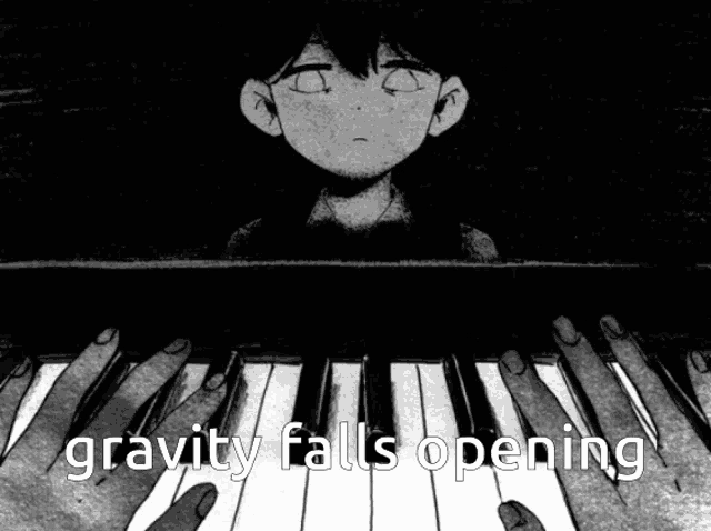 a black and white drawing of a person playing a piano with the words gravity falls opening