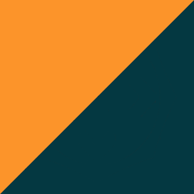 an orange and blue background with a white cross and arrows