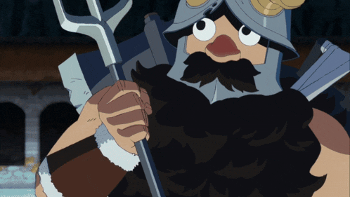a cartoon character holding a trident and wearing a helmet