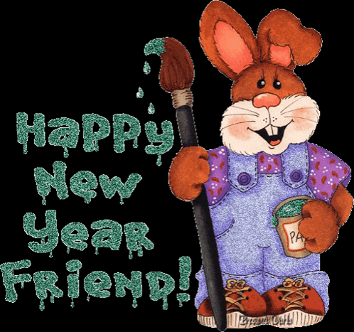 a picture of a bunny holding a brush with the words happy new year friend written on it