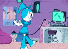 a cartoon character is standing in front of a sign that says sync on it