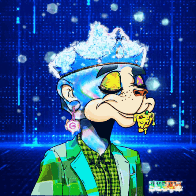 a cartoon character with a crown on his head eating a piece of pizza