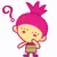 a pixel art drawing of a boy with a pink hat and question marks around his head .