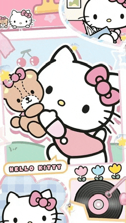 hello kitty is holding a teddy bear in her arms