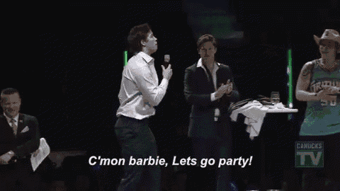 a man in a cowboy hat is saying " c'mon barbie lets go party "