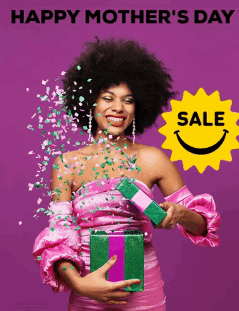 a woman in a pink dress is holding a gift in front of a purple background that says happy mother 's day